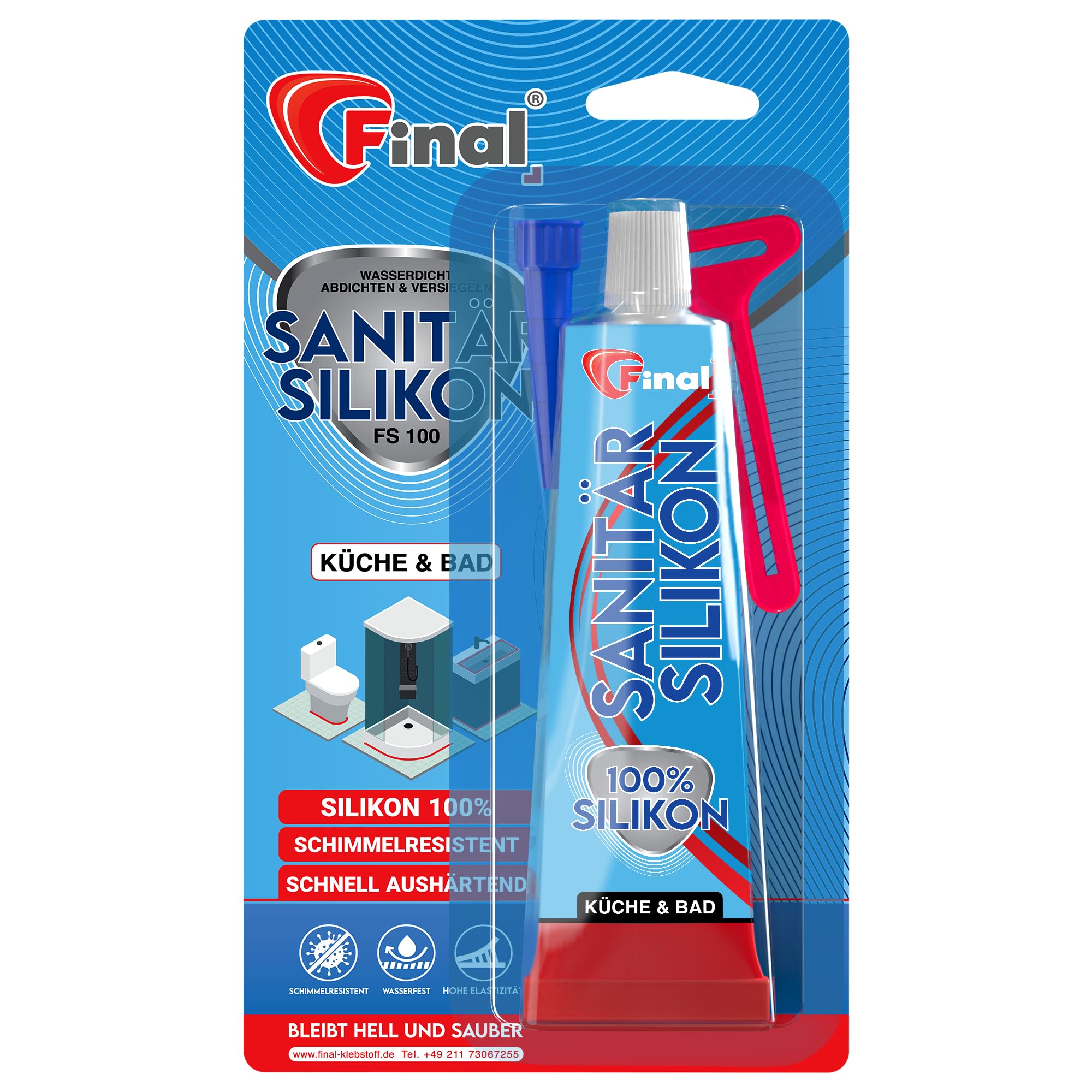 FINAL Sanitär Silikon 1x50ml - Wasserfester Dichtstoff in Profiqualität, für Bad, Dusche & Küche, schimmelresistent, antibakteriell & elastisch, haftet auf Glas, Metall, Keramik & Holz, Transparent