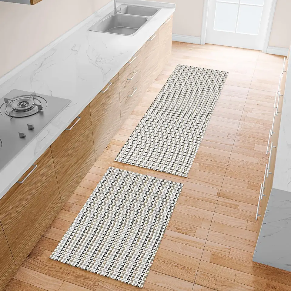 Tapete de Cozinha Antiderrapante 2 Peças Conjunto Passadeira 1,30m x 45cm e Capacho 65cm x 45cm Kit 2pçs Artesanal 100% Algodão Cru Preto Cinza Caramelo