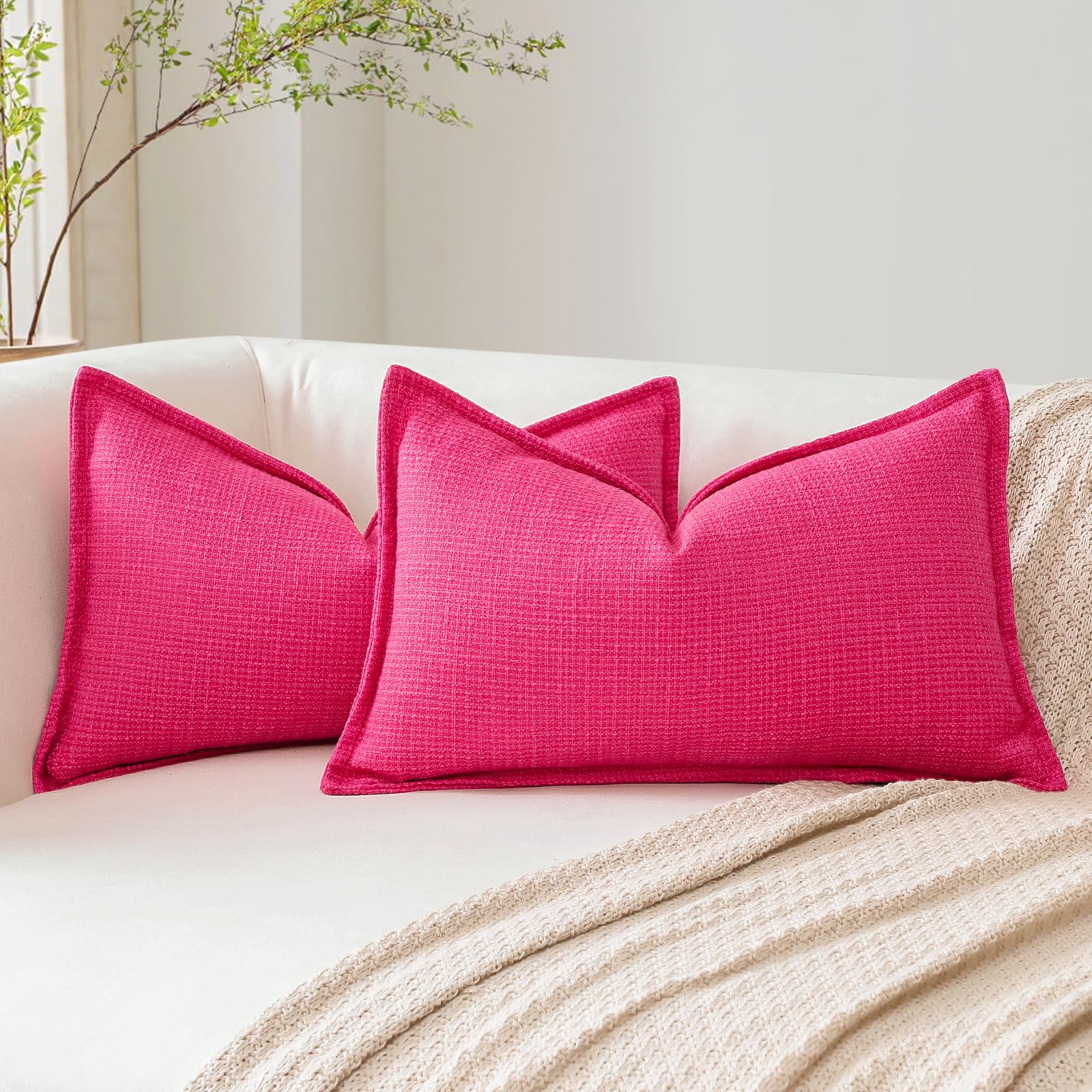 Artscope Pack of 2 Hot Pink Decorative Cushion Covers 16x24 Inch Soft Linen Texture Couch Throw Pillows Farmhouse Pillow Covers with Elegant Design for Sofa Bedroom Living Room Home Decor 40 x 60 CM