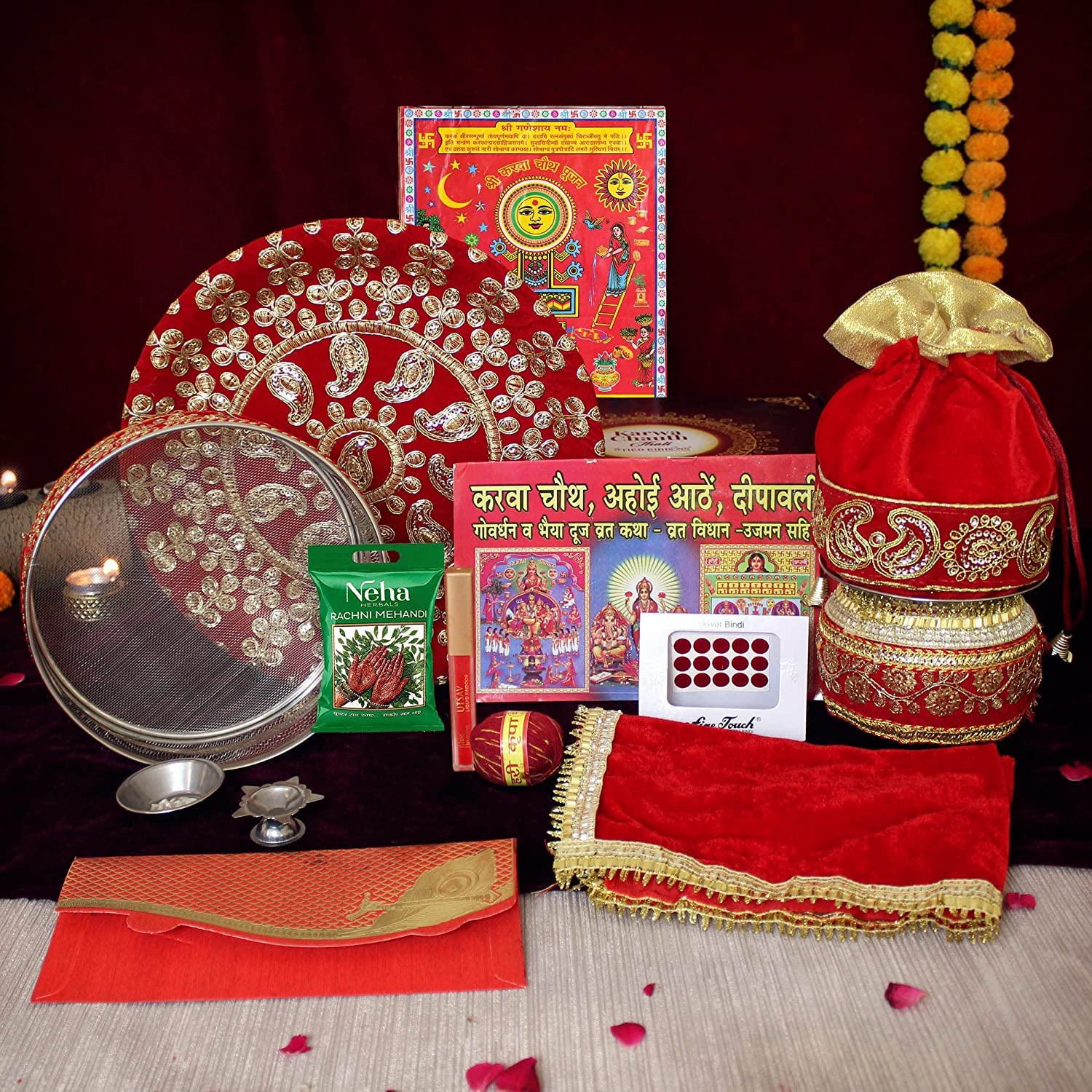 Berry India Karwachauth Puja Thali Set with Cover Combo Steel Thali