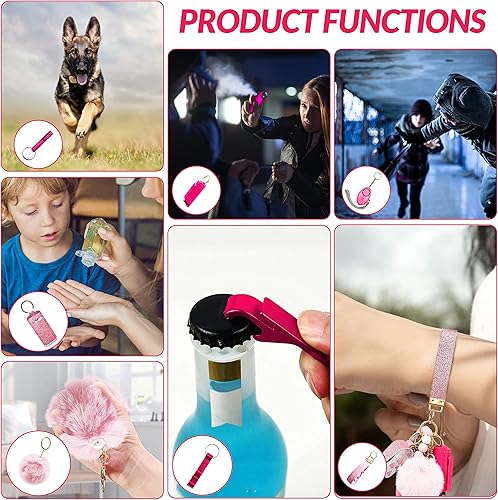 Miniatura 5 de Juego de llaveros para mujeres y niñas, incluye pulsera con cuentas, pompones, extractor de tarjetas de crédito y alarma personal