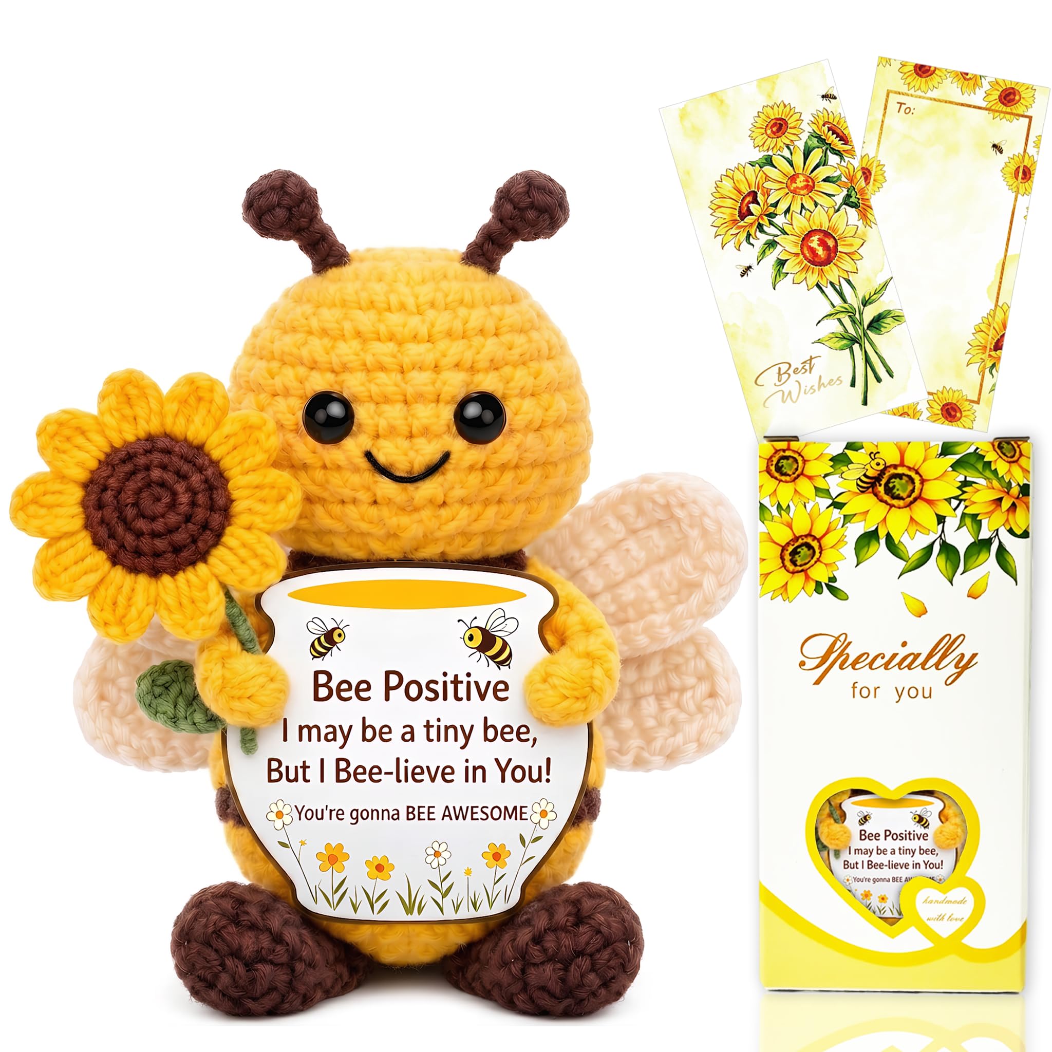 Positive Bee,Good Luck Gifts for Exam,New Job,Emotional Support Mini Knitted Doll,Affirmation for Women Girl Men Friend Birthday,Leavers Gifts for Colleagues,School