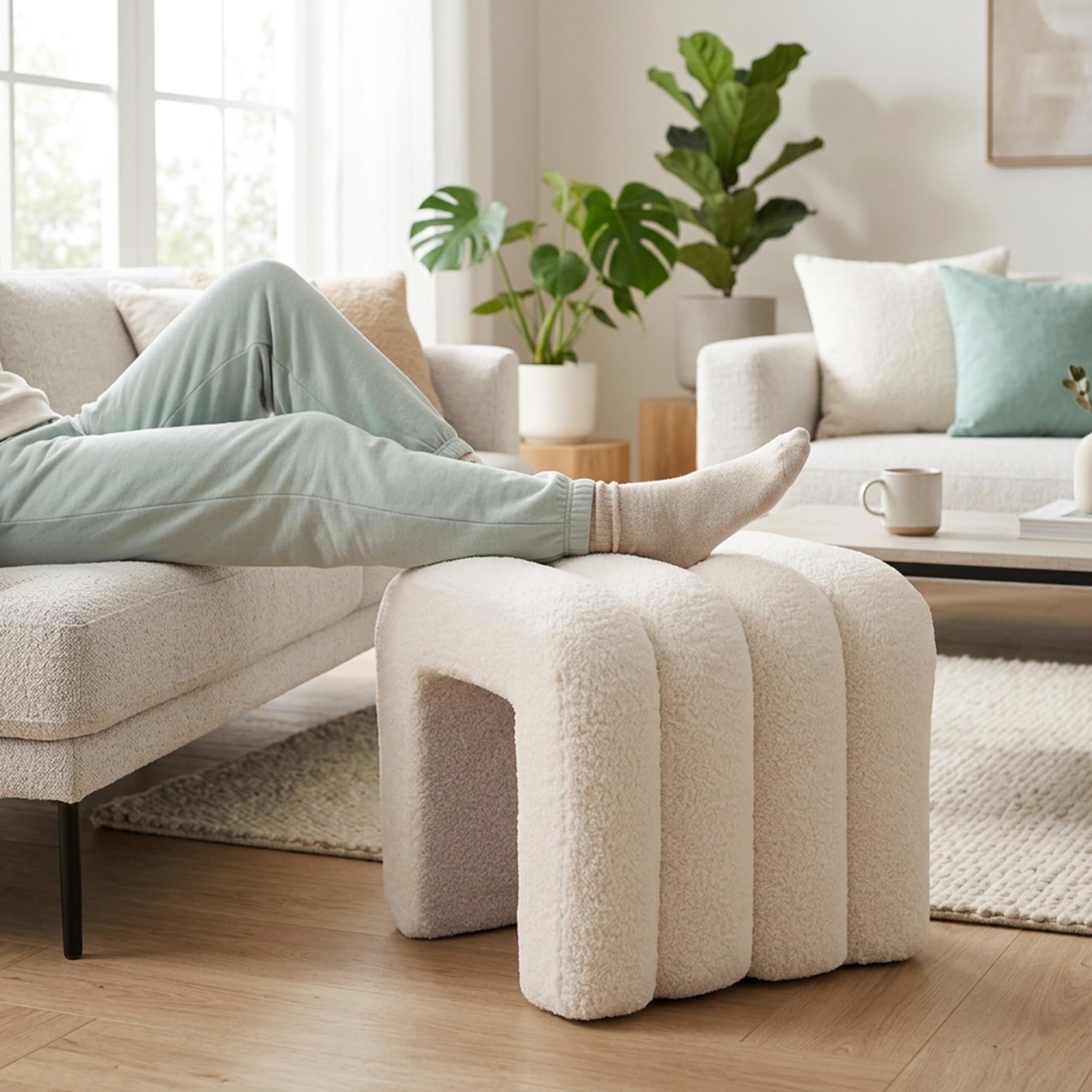 Relaxdays Teddyfell Hocker, gepolstert, HBT: 40x40x40 cm, geriffelt, Bouclé Sitzhocker, Schlafzimmer, Wohnzimmer, Creme