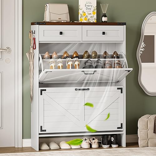 Miniatura 10 de Armario de Almacenamiento de Zapatos para Entrada, Armario Estrecho de Zapatos Estilo Granja con 2 Cajones Abatibles y Cajones Superiores, Estantes