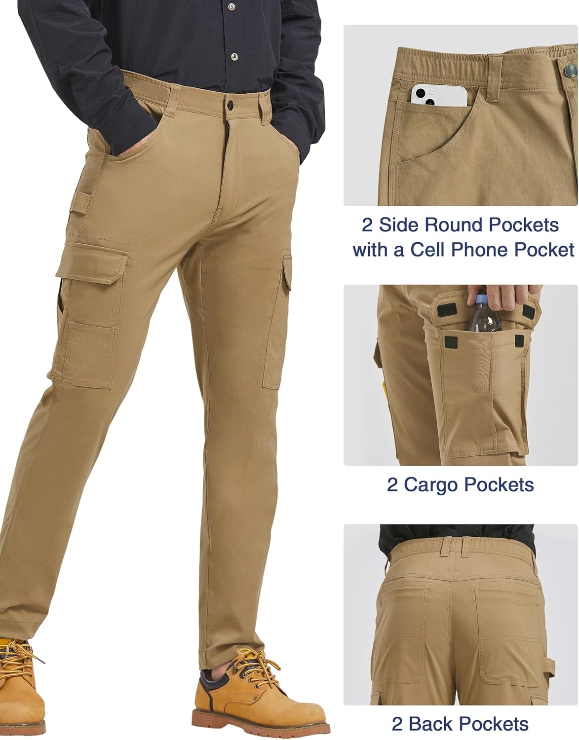 PULI Men's Carpenter Work Pants Cargo Hiking Pants Slim Fit Stretch Waterproof Outdoor Trousers with Pockets - Image 2