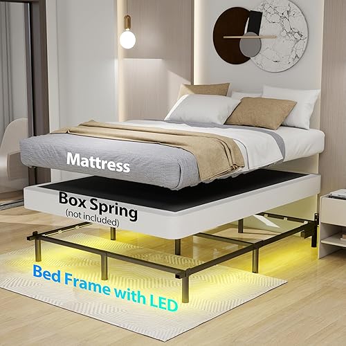 Miniatura 4 de Base de cama de tamaño matrimonial con luces LED, plataforma de 7 pulgadas, base de cama gruesa para somier y bases de colchón, longitud ajustable,