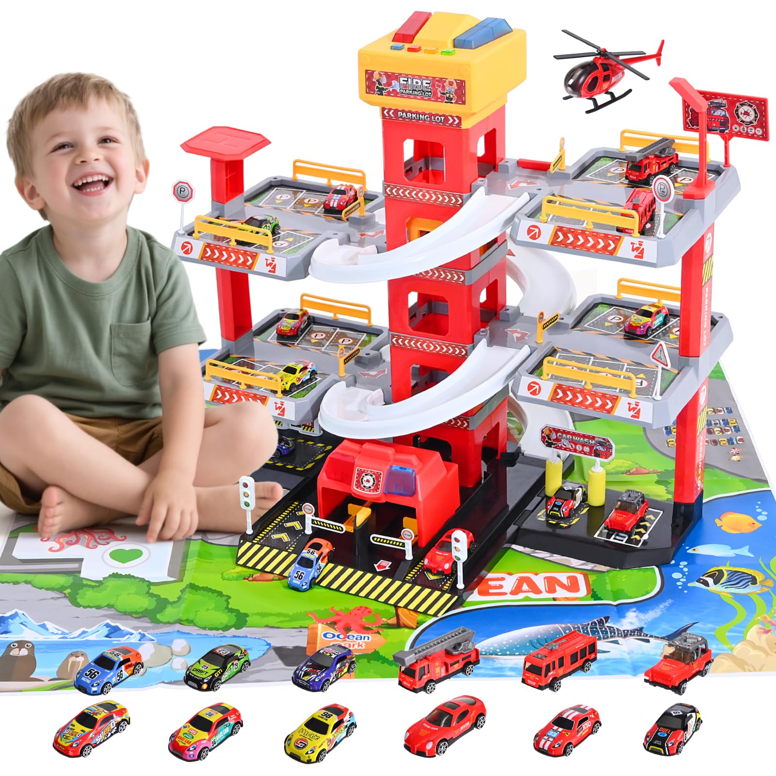 Circuito Coche Niño Camión Bombero, Garaje Coche Niños 5 Niveles con Ascensor Eléctrico, Estacionamiento Juguete Interactivo Sonido y Luz, 12 Coches y 1 Helicóptero, 3-9 Años
