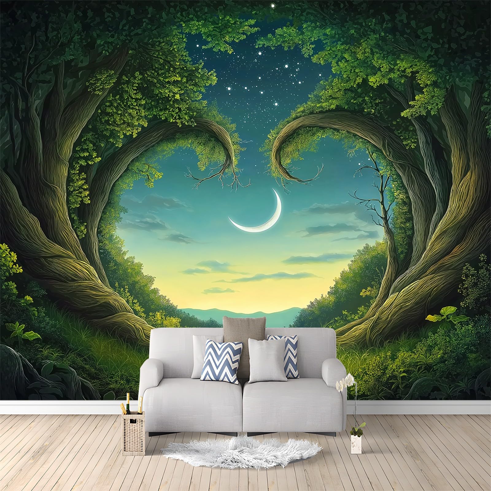 Panoramiczna tapeta las księżyc zielony niebieski 200 x 140 cm (szer. x wys.), tapeta 3D duże ściany plakat do salonu, pokoju dziecięcego dla dorosłych tapeta z włókniny do sypialni