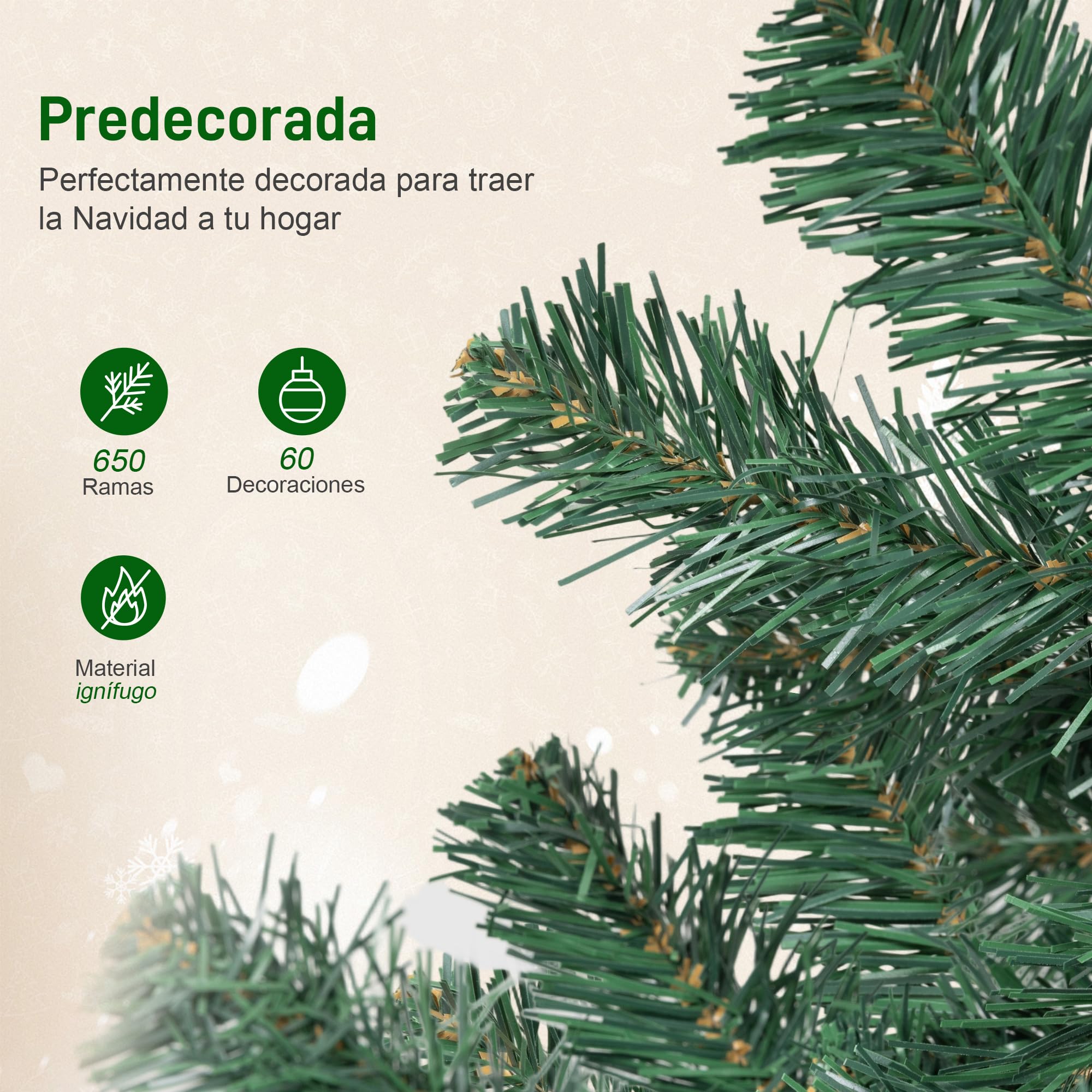 HOMCOM Árbol de Navidad Ø100x180 cm con Adornos y Estrella, 200 Luces LED, Árbol de Navidad Decorado con 8 Modos de Iluminación, 650 Ramas, Soporte de Acero, Decoración para Hogar, Fiesta, Interior