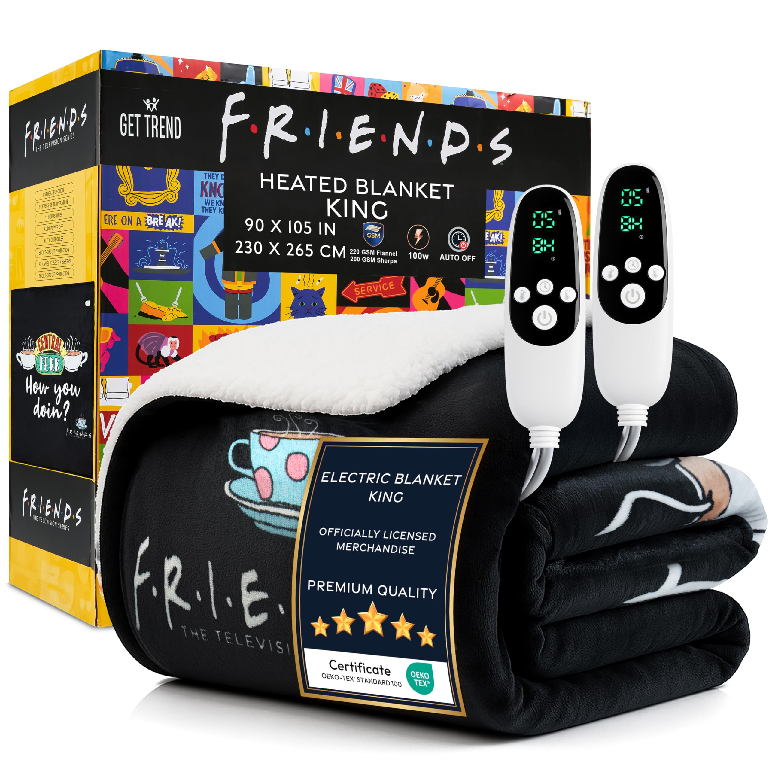 Get Trend Black Friends Friends Electric Blanket 230X265cm, King Size Soft & Luxurious Sherpa Fleece Heated Blanket, 9 Heat Settings & 12-Hour Auto-Off Timer (, King Uk)