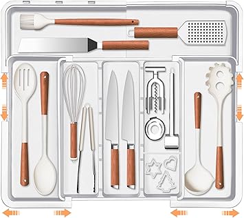 Large Utensil Drawer Organizer Expandable Silverware Organizer for Kitchen Drawer Adjustable Cooking Utensil Holder Cutlery Flatware Tray Spatula Tools Gadgets Storage Dividers Plastic White