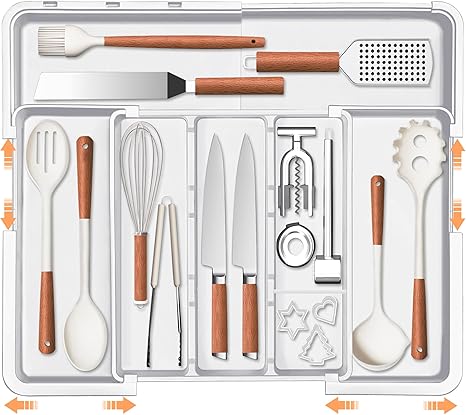 Large Utensil Drawer Organizer Expandable Silverware Organizer for Kitchen Drawer Adjustable Cooking Utensil Holder Cutlery Flatware Tray Spatula Tools Gadgets Storage Dividers Plastic White
