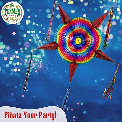 Miniatura 7 de TexMex Fun Stuff - Piña grande, piñata de estrella mexicana, piñata hecha a mano, arco iris, multicolor con 5 conos rojos, plegable con cuerda de 30
