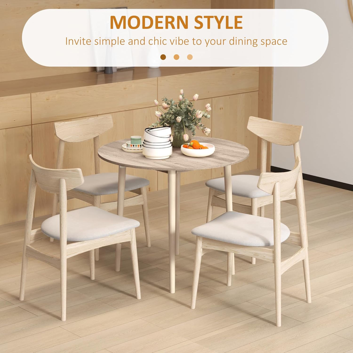 HOMCOM Folding Dining Table for 4, Round Drop Leaf Table, Modern Space Saving Small Kitchen Table with Wood Legs for Dining Room, Natural - Image 5