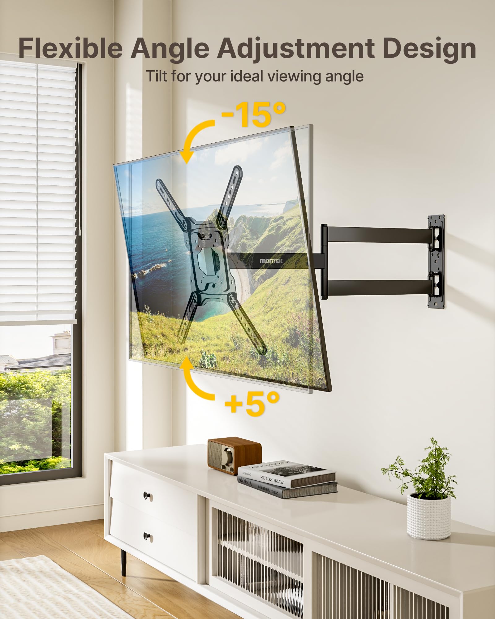 monTEK Supporto da parete per TV da 23-65 pollici, braccio extra lungo da 728 mm, supporto da parete per TV Full Motion con rotazione e inclinazione, staffa angolare per TV a schermo piatto e curvo