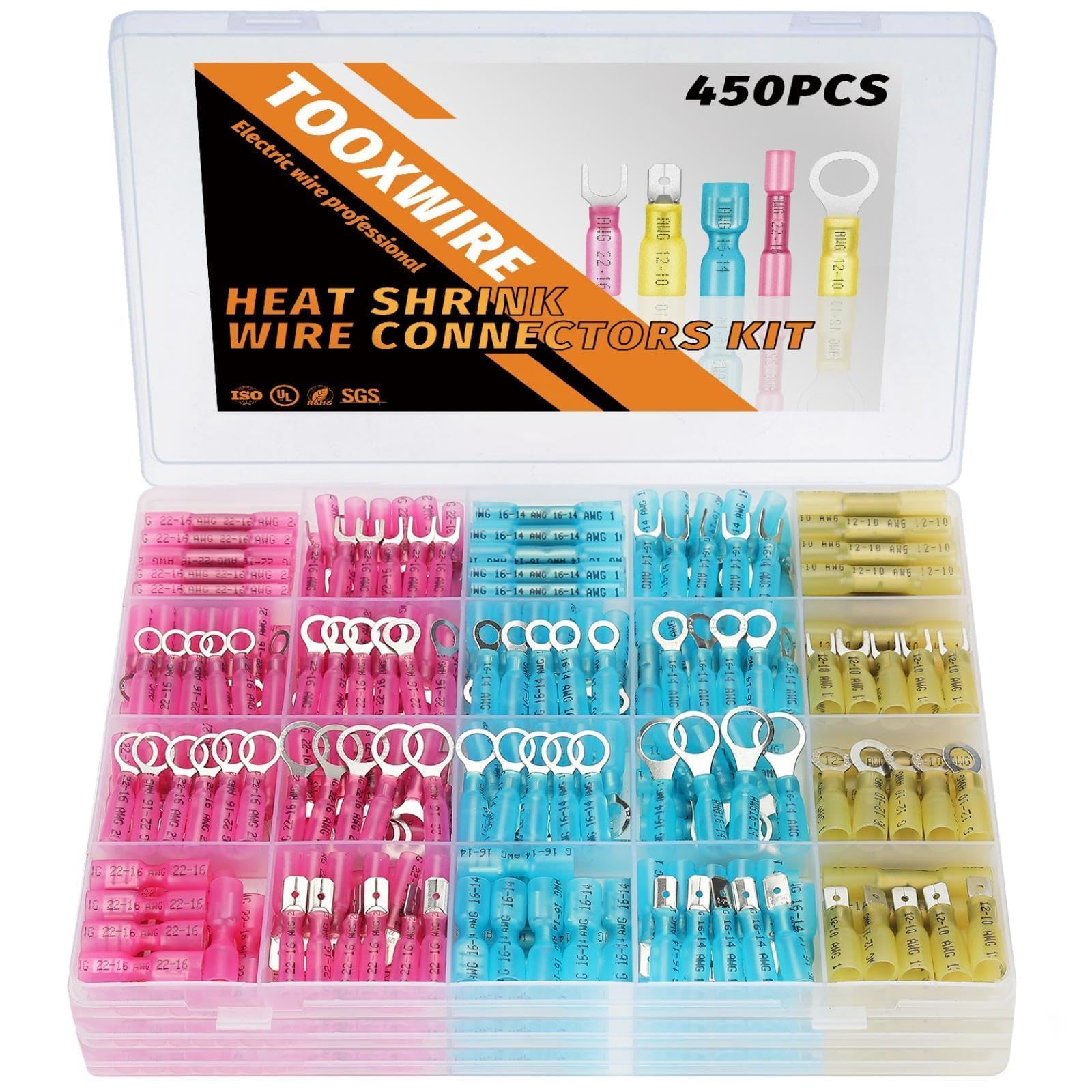 TOOXWIRE 450PCS Electrical Connectors Red Copper, Heat Shrink Wire Connectors Kit, Crimp Connector Wire Terminals for Automotive Marine
