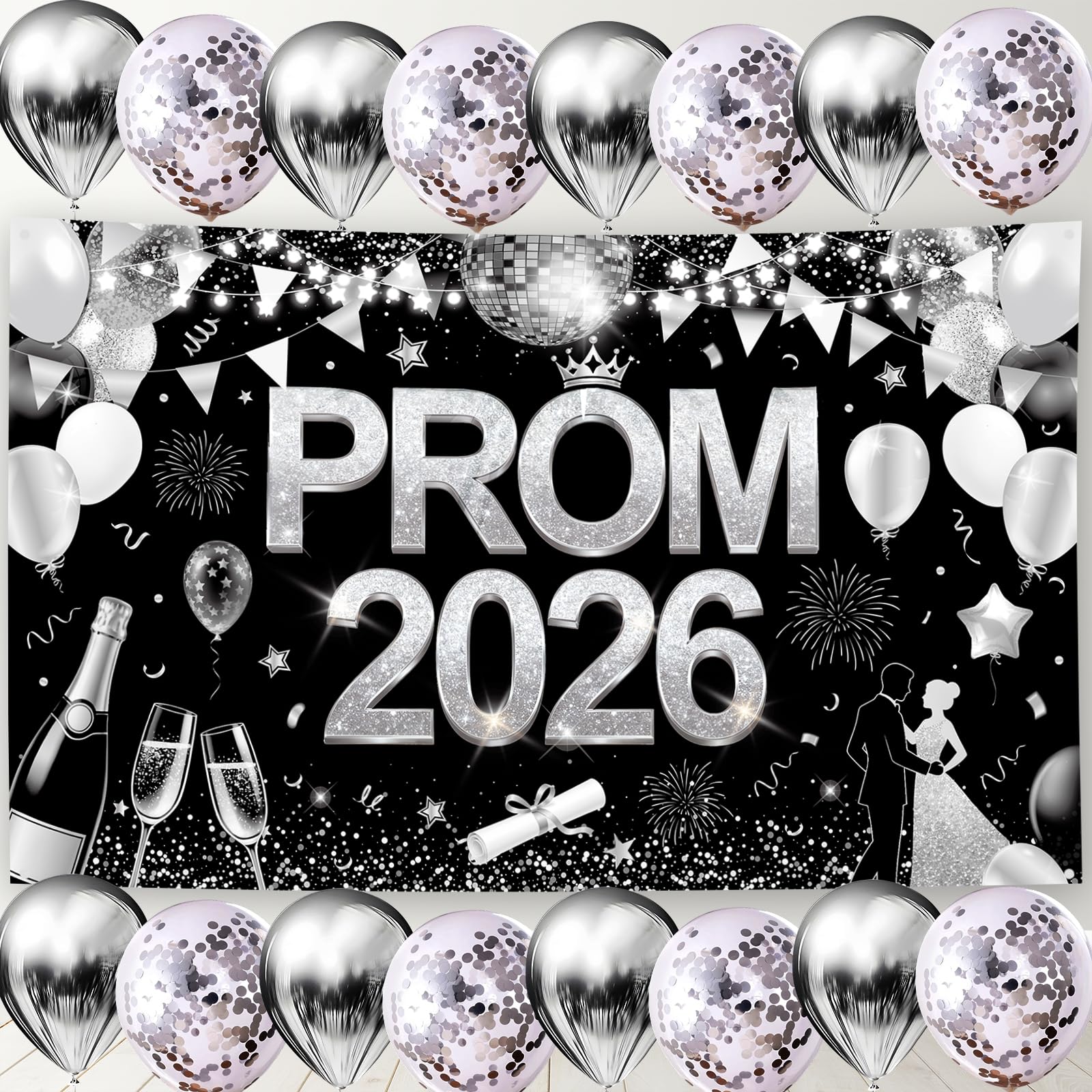 JoyAura Black Silver Prom Banner, 180 * 110cm Prom Decorations 2026 Banner Backdrop, 16 Pcs Sequin and Latex Balloons, Class of 2026 Graduation Party Decor Photography Supplies