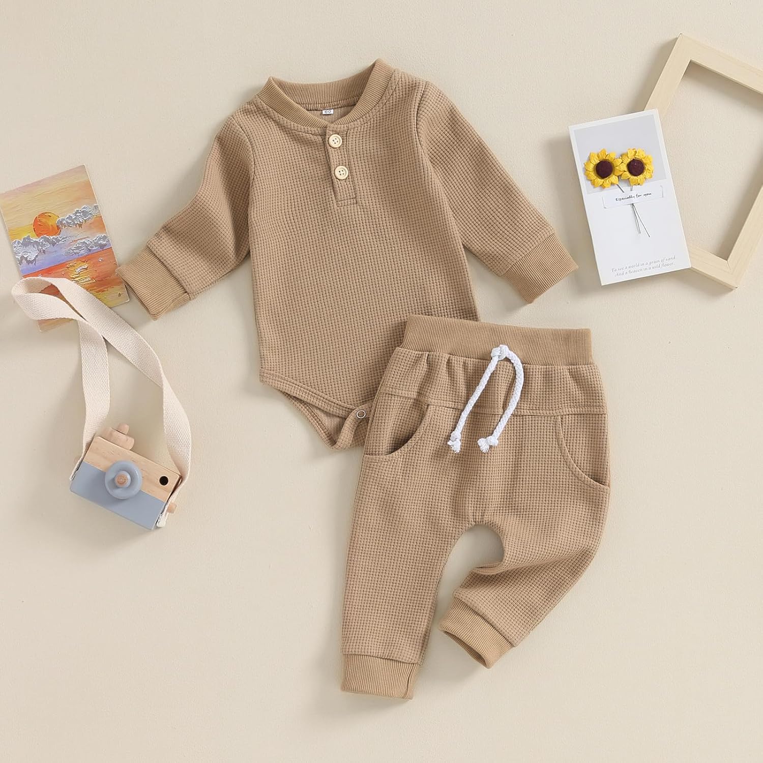 Kuriozud Newborn Baby Boy Clothes Button Long Sleeve Romper Bodysuit Pants Set Infant Soft Waffle Fall Winter Outfit - Image 2