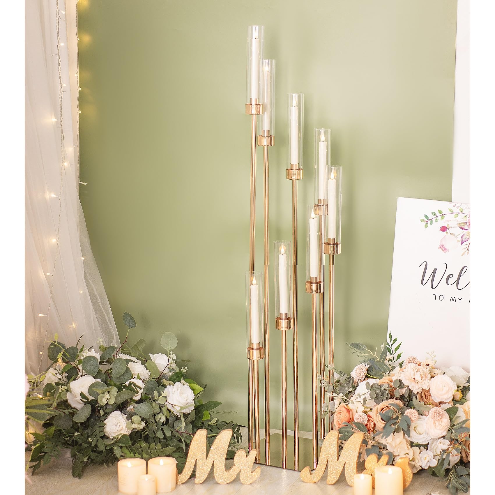 Bougeoir de sol avec abat-jour en acrylique, 125 cm de haut en acrylique pour bougies LED coniques, centre de table doré pour table, fête de mariage, événement, réception, décoration d'intérieur (doré