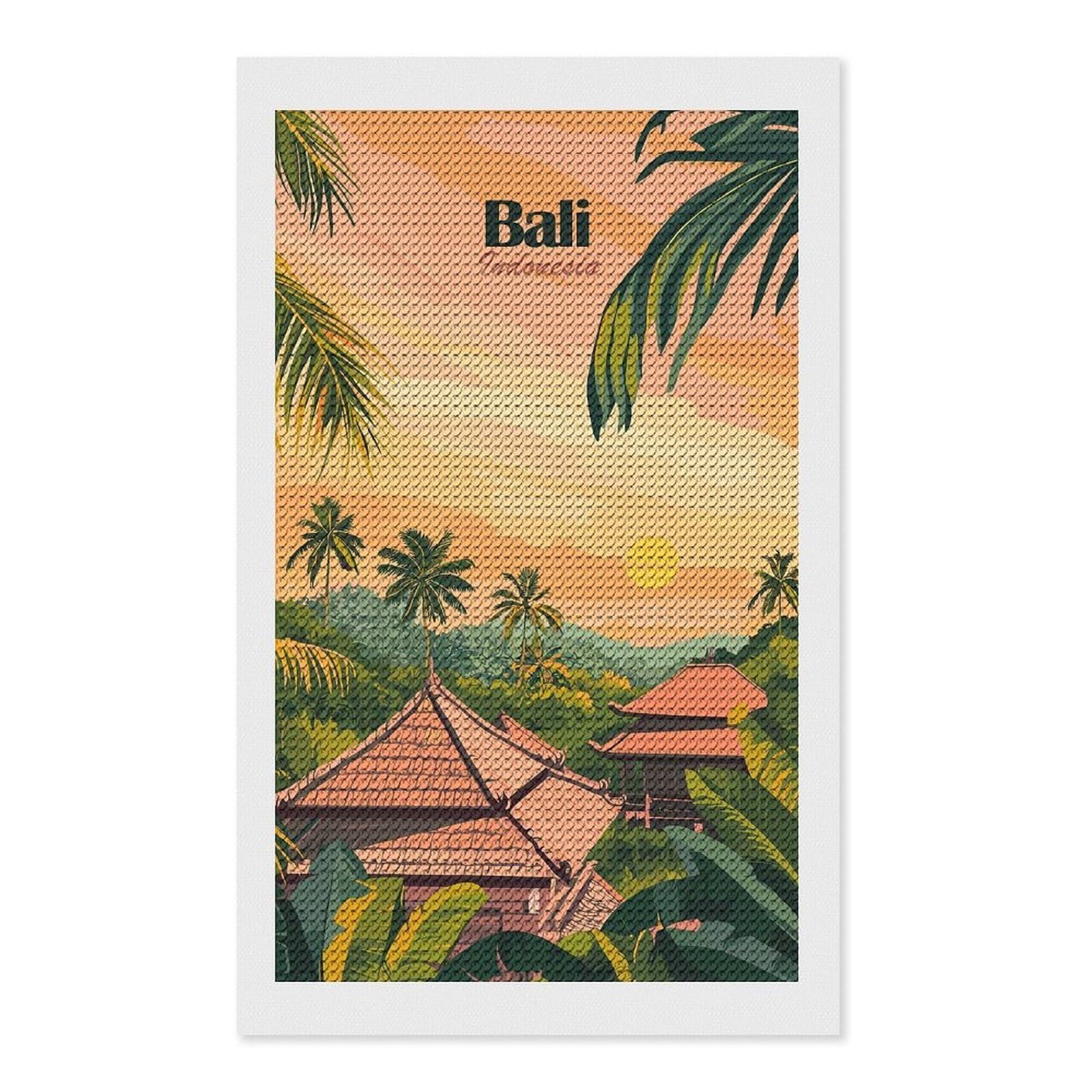 Junmoney Bali, Indonesia Travel (6) DIY Diamond Art Canvas Kit 12"x20", Simple to Start, Fun Craft Experience, Modern Decor, Gift Idea, Adhesive Canvas