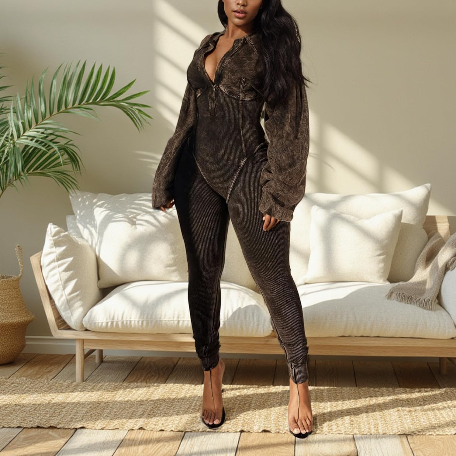 LKOUS Women's Long Sleeve V Neck Jumpsuit,Dressy Casual One Piece Romper Vacation Party Outfits with Pockets - Image 8