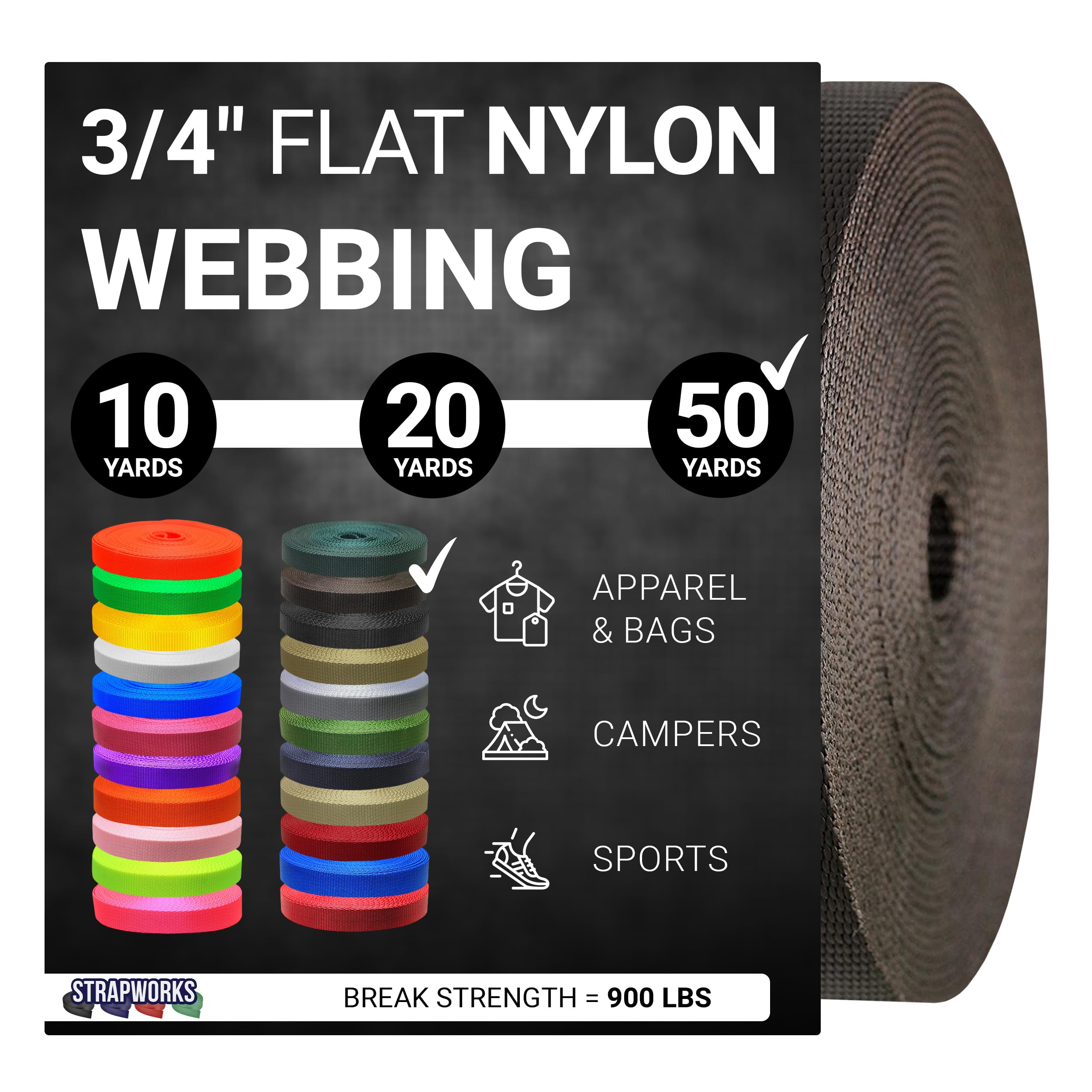 Strapworks Strapazierfähiges Nylon-Gurtband für Gürtel, Rucksack, Schlinge, Halsband, Leine, Umreifung und mehr, 10, 20 oder 45 m, über 20 Farben