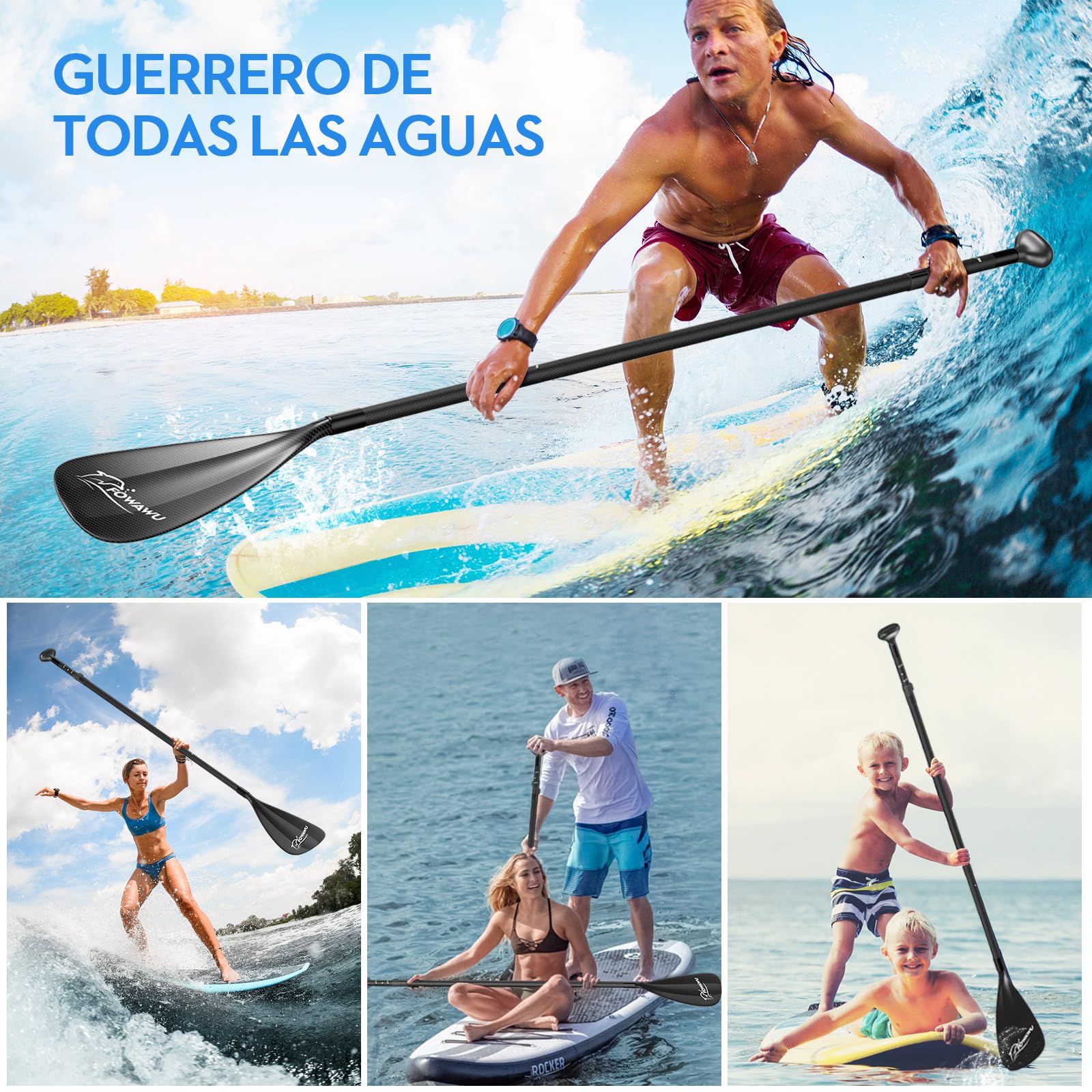 FOWAWU 3-Parte Remo Paddle Surf Semi-Carbono/Carbono Pala Sup Paddle Telescopic 160cm–210cm para Tabla de Surf Canoa Sup, Ligero y Portátil