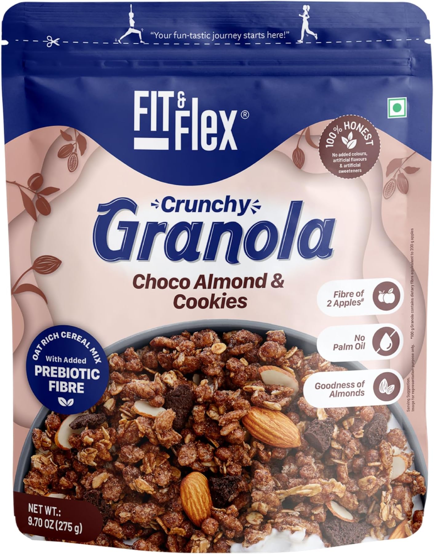 Fit & Flex Baked Crunchy Granola | Chocolate Biscuits & Almond | Oat Rich Cereal with High Protein and Fibre Content | Ready-to-Eat Healthy Cereal for Breakfast | Chocolate Snacks