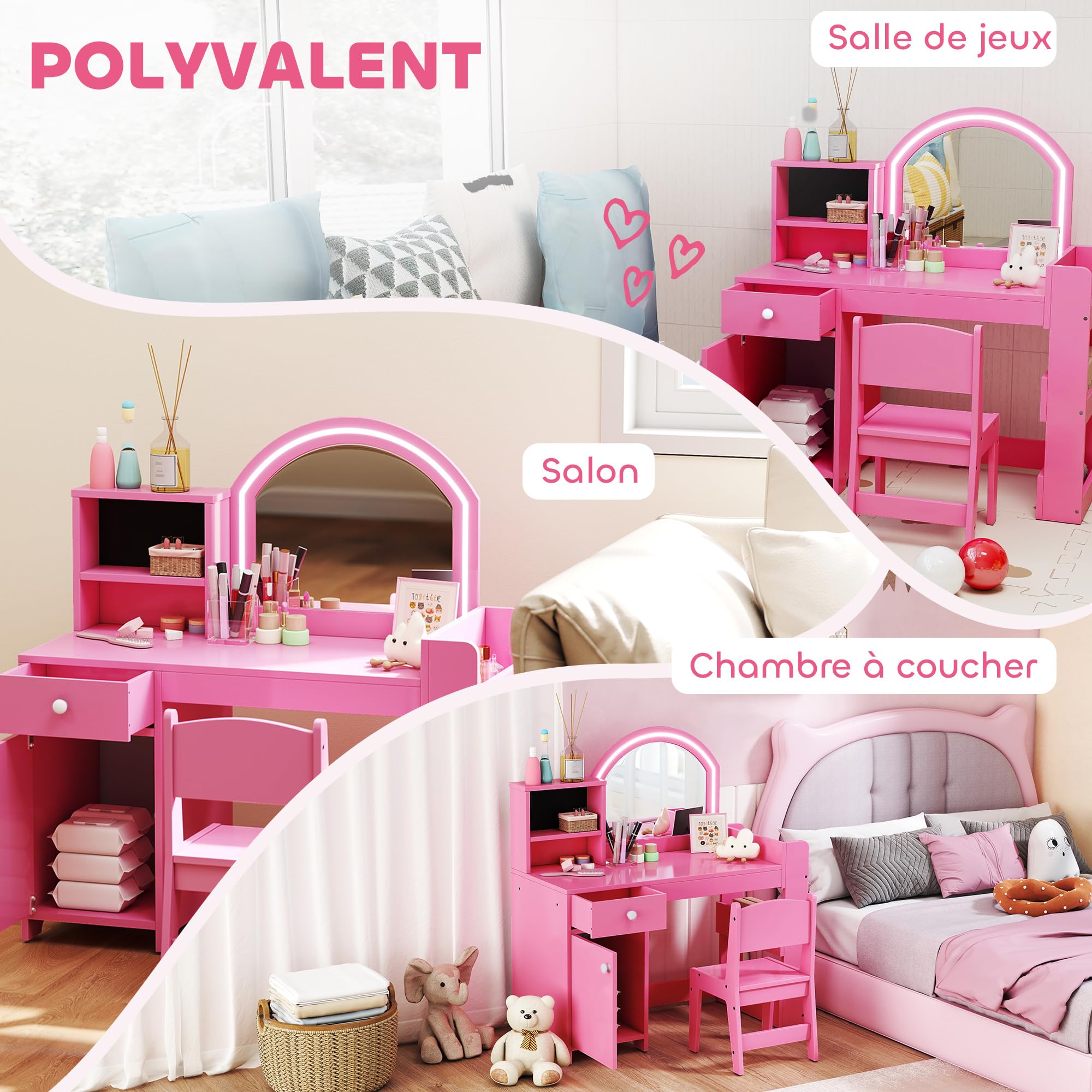 AIYAPLAY Tocador infantil con taburete y espejo LED, tocador de madera para niña con cajón, armario, 2 compartimentos abiertos y 3 estantes, mesa de maquillaje para niños de 3 a 8 años, rosa