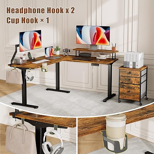 Miniatura 7 de FLYCITY - Escritorio eléctrico de pie en forma de L con archivador, escritorio de esquina de 59 x 59 pulgadas con cajones, escritorio de pie de