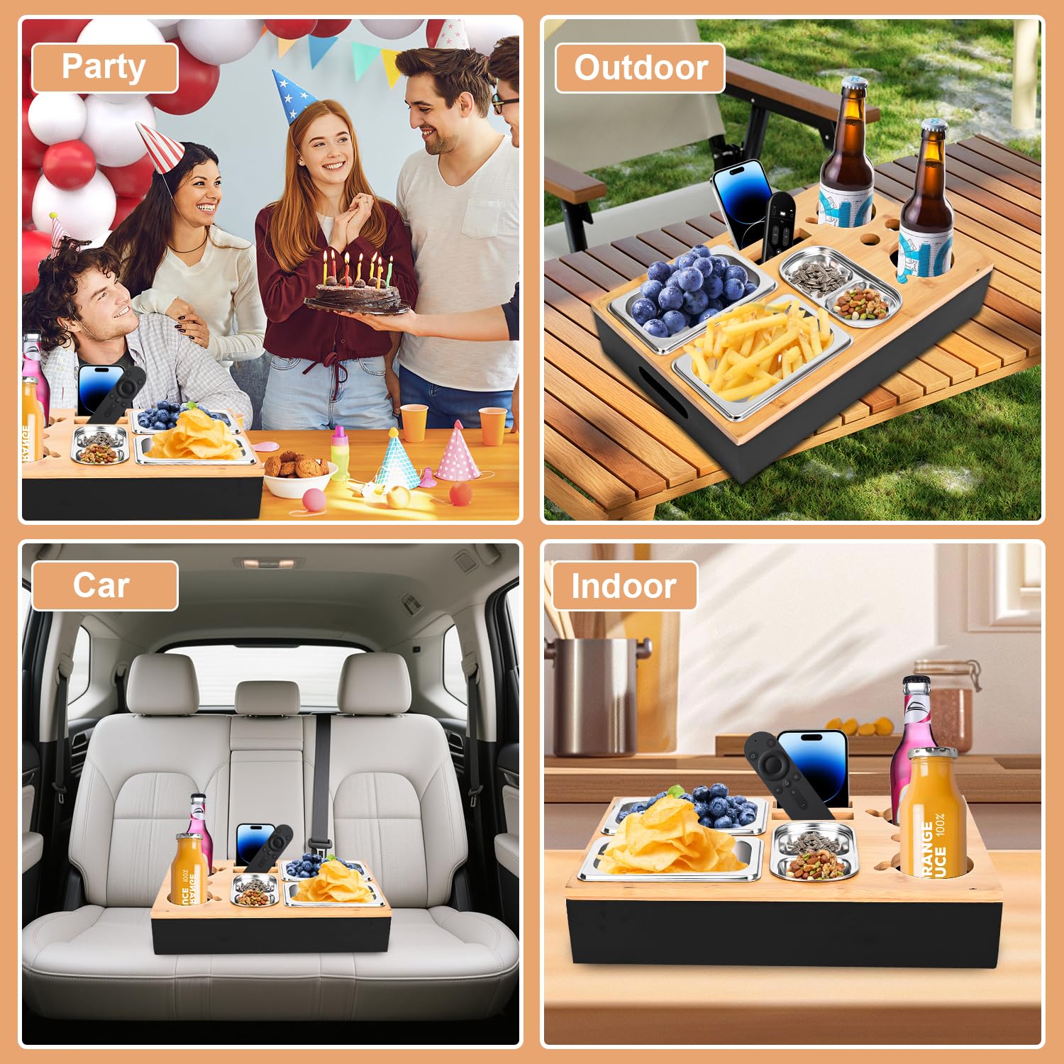 Couchbar Snackbox Schwarz Mit Snackschalen Aus Edelstahl Sofa Tablett Geeignet für Wohnzimmer, Sofa, Garten, Picknickparty (Schwarz)