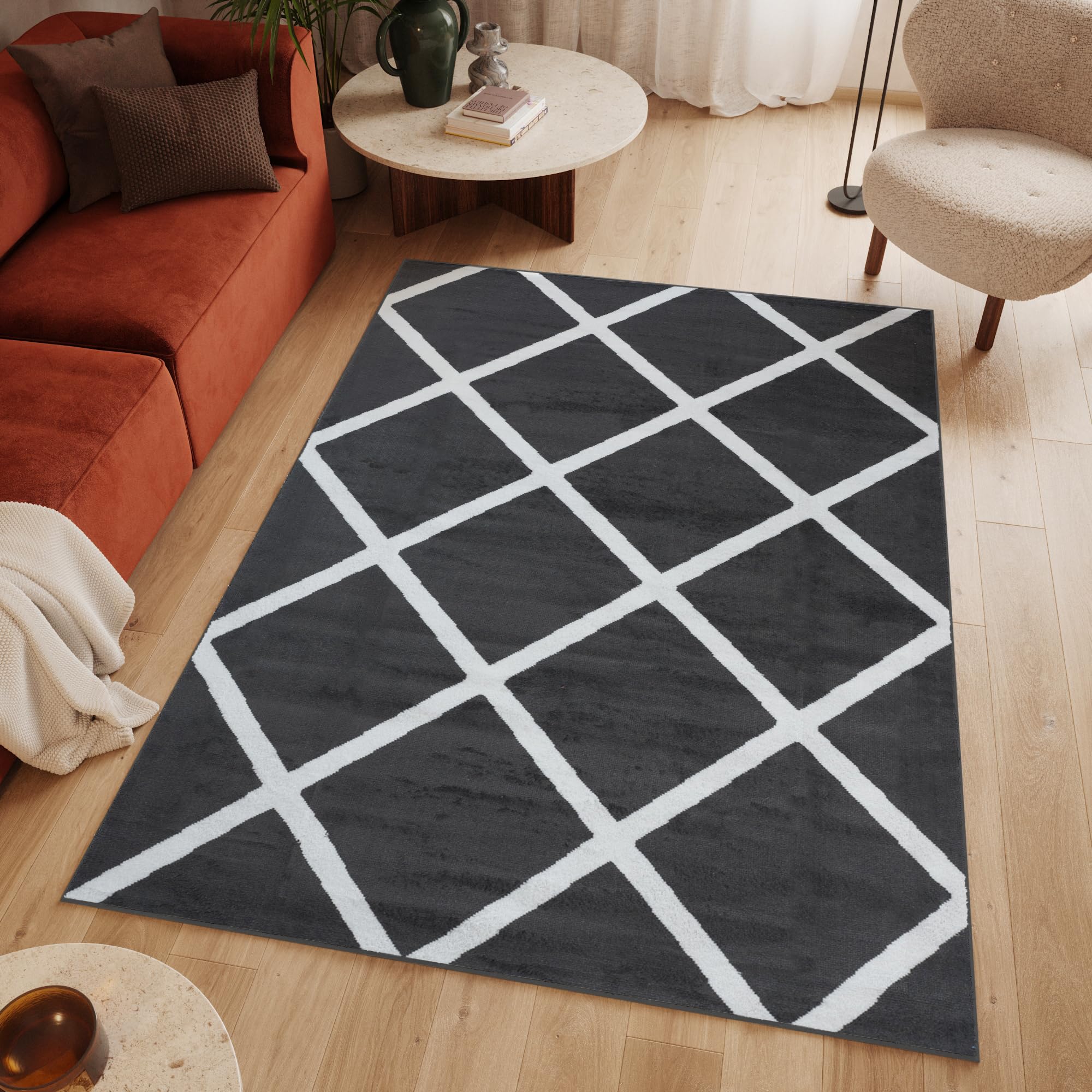 TAPISO Luksusowy dywan z krótkim włosiem, ciemnoszary, biały, nowoczesny, geometryczny, kratka, wzór kwadratowy, do salonu, Ökotex 250 x 300 cm