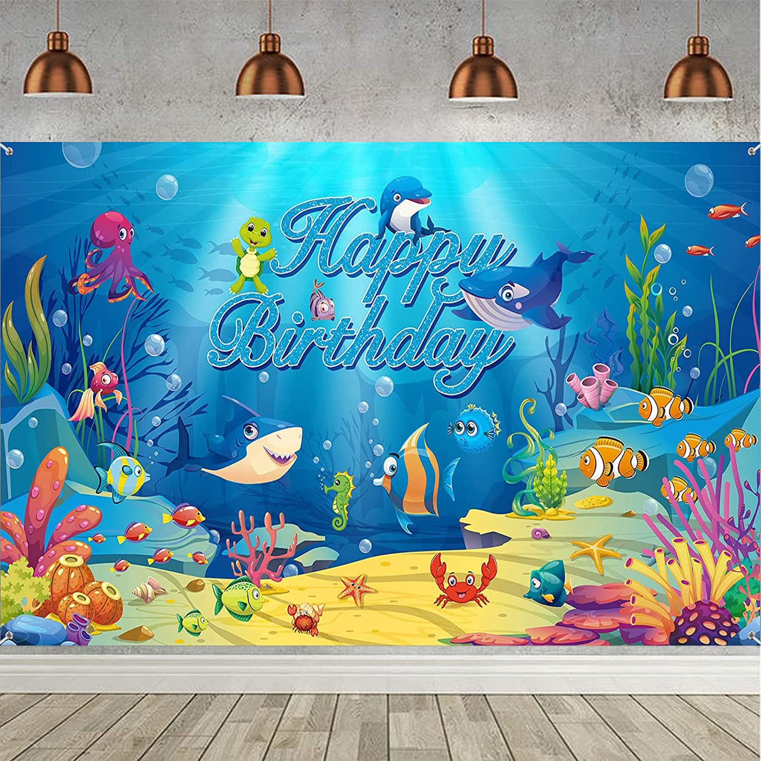 Shark Theme Happy Birthday Backdrop Banner Under The Sea Backdrop Ocean Animal Theme Birthday Photography Background for Kids Dolphin Shark Birthday Party Decorations?72.8 x 43.3 Inches