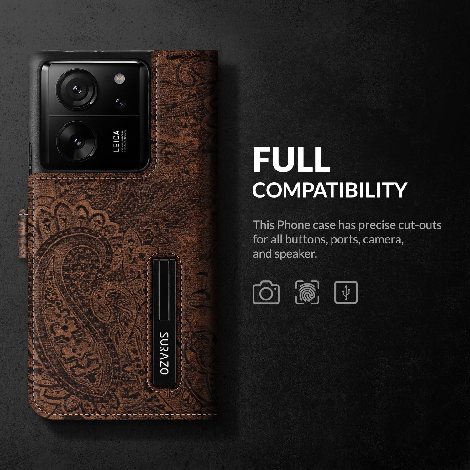 SURAZO Premium Slim Magnetic Mobile Phone Case for Xiaomi 13T Pro & 13T 5G Leather Case - Foldable Genuine Leather Protective Case [Card Slot, RFID Protection, Floral Pattern] Flip Wallet Case Cover