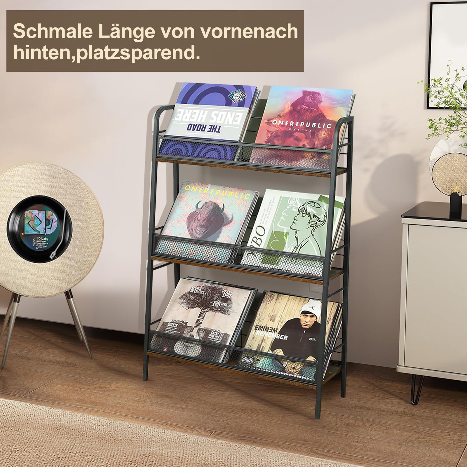 HZE Schallplatten Aufbewahrung, 3 Etagen Mrtall Schallplatten Regal, Schallplatten Halter Speichern Sie etwa 150 Alben Fest, Schallplatten Ständer, Schallplatten Schrank Geeignet für LP-Schallplatten