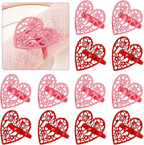 Whaline 12 servilleteros para el día de San Valentín anillos de servilleta huecos de corazón rojo servilleteros de aleación para boda servilleteros