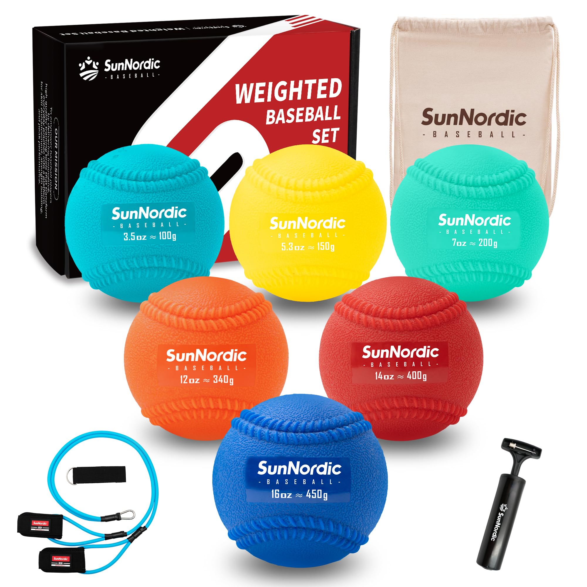 SunNordic 6/9 Pack Seams Plyometric Weighted Baseball Set (3.5-16/35/53/70 oz) - Variable Weight Plyo Baseballs for Improved Power & Pitching Training - for All Skill Levels