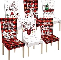 Vista 7 de Ganeen 6 piezas de fundas para sillas navideñas, funda para respaldo de silla de Navidad, funda elástica para asiento de Navidad lavable, protector
