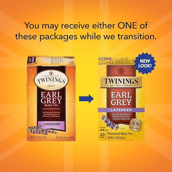 Twinings Earl Grey Lavender Tea 2-Pack Caffeinated Black Tea Blend, Individually Wrapped Tea Bags, 20 Count Each