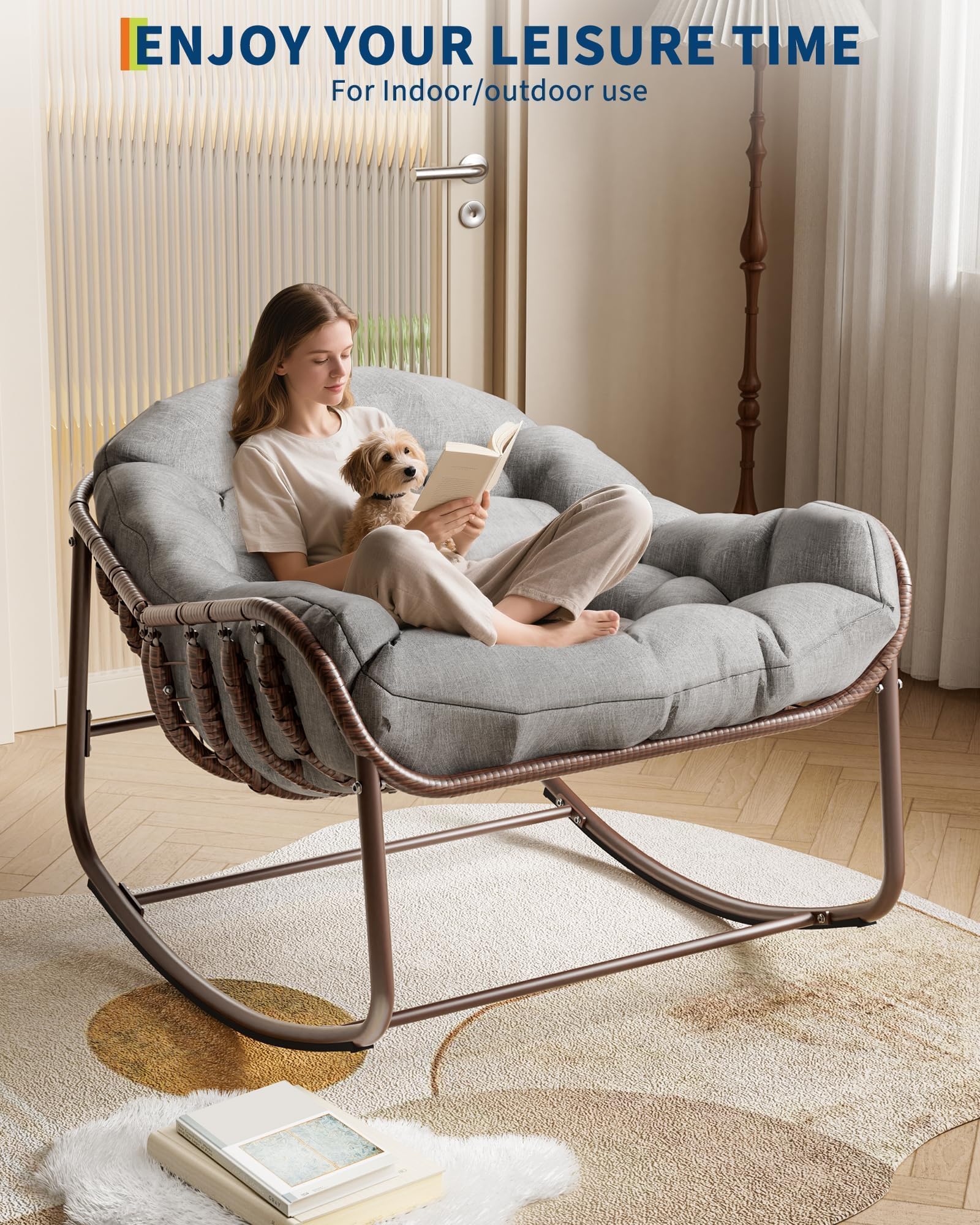 Garvee Bequemer Papasan Schaukelstuhl für Garten & Terrasse – Outdoor Rattan Ei-Stuhl mit komfortablem Kissen und stabilem Metallrahmen – Ideal als Relax Lesesessel auf Balkon, Veranda oder im Outdoor