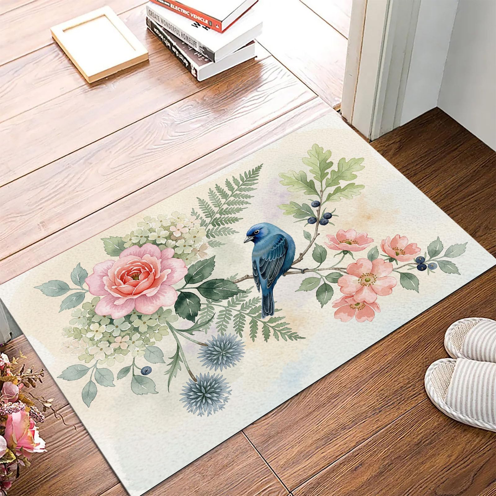 Tapis fleurs et oiseaux à l'aquarelle paillasson d'entrée antidérapant beige 45x75