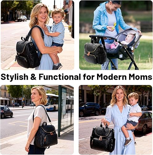 Miniatura 6 de Minsong Mochila para pañales, mochila pequeña para pañales para mamá con cambiador, elegantes bolsas de pañales de viaje de cuero vegano (negro)