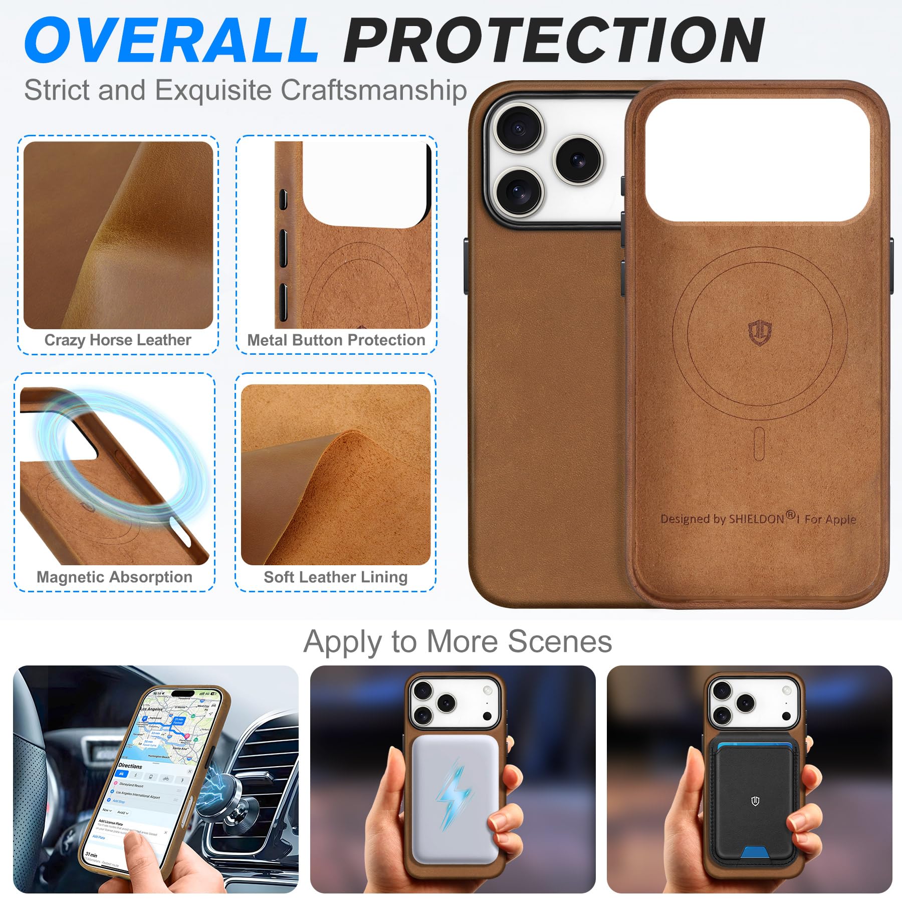 Étui En Cuir Véritable Magnétique Pour IPhone 17 (6,3 Pouces) - Shieldon Protection Anti-rayures