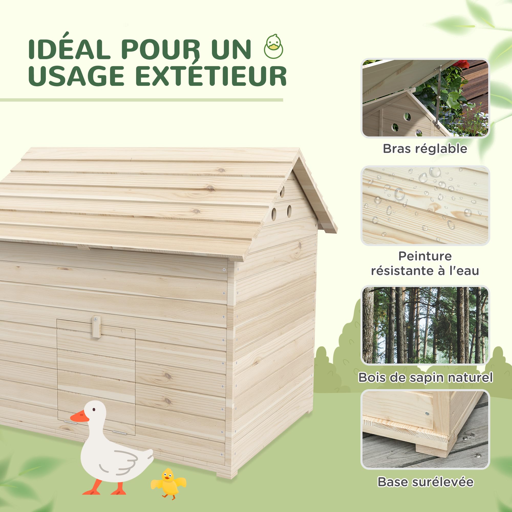 PawHut Casetta per anatre in legno con tetto apribile, 100 x 82,5 x 91 cm - Casa per anatre e oche con ventilazione e porta rampa - pollaio robusto 2-4 animali, facile pulizia, legno naturale