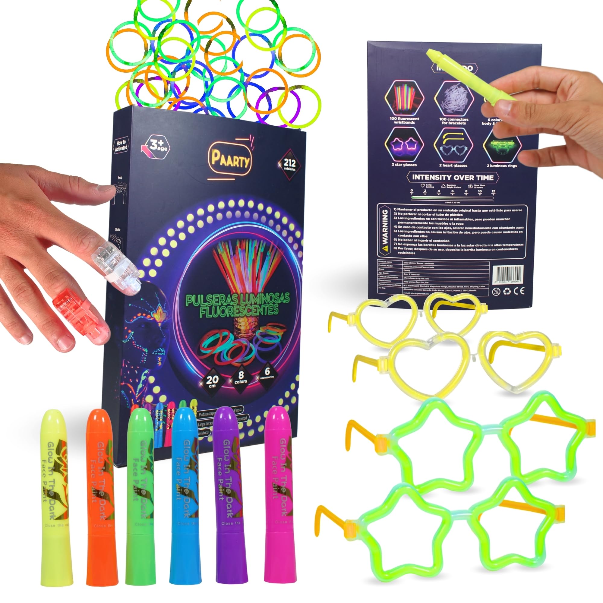 ALENZO Pulseras luminosas fluorescentes - palos luminosos para fiestas 100 pulseras fluorescentes 100 conectores 6 pinturas 4 gafas 2 anillos fiesta neon -barras luminosas fluorescentes- pulseras neon