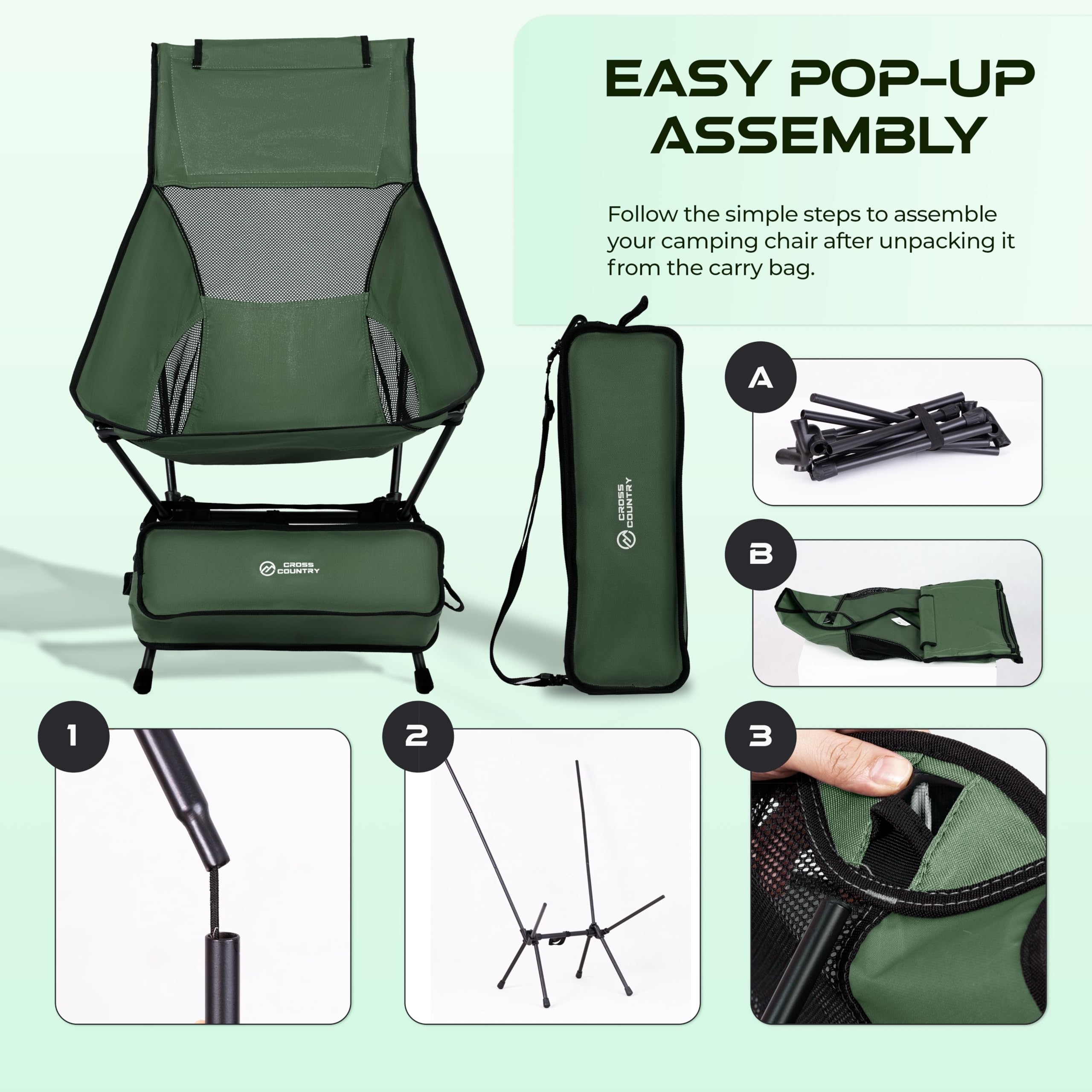 CROSS COUNTRY Lightweight Camping Chair - Portable & Collapsible Outdoor Chair, Green - Image 4