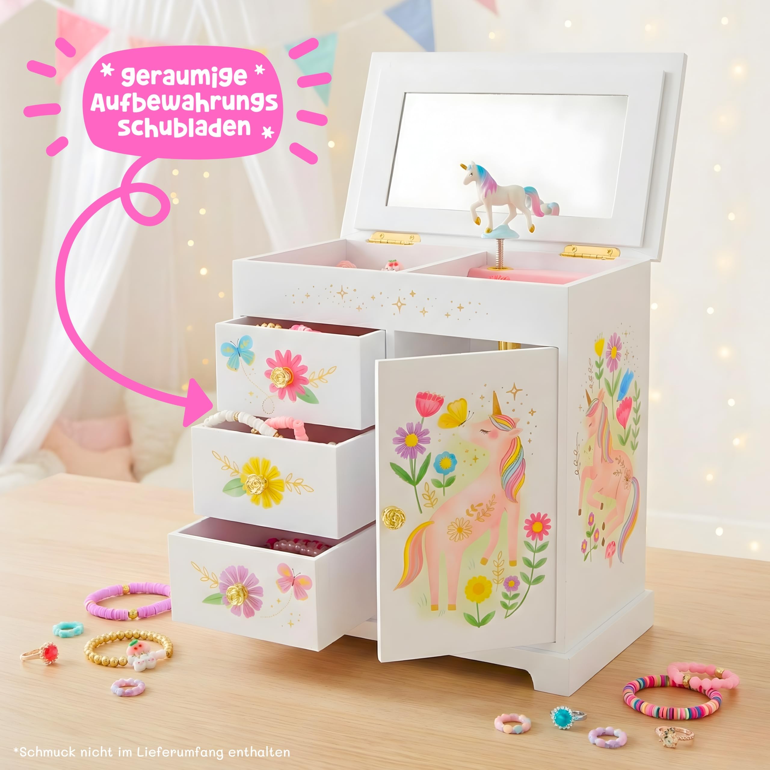 Giggle & Honey® Schmuckkästchen Mädchen Musik Box & Prinzessin mit 3 Schubladen – Prinzessin Geschenke für Mädchen – Geschenk Mädchen 4 5 6 7 8 9 Jahre –
