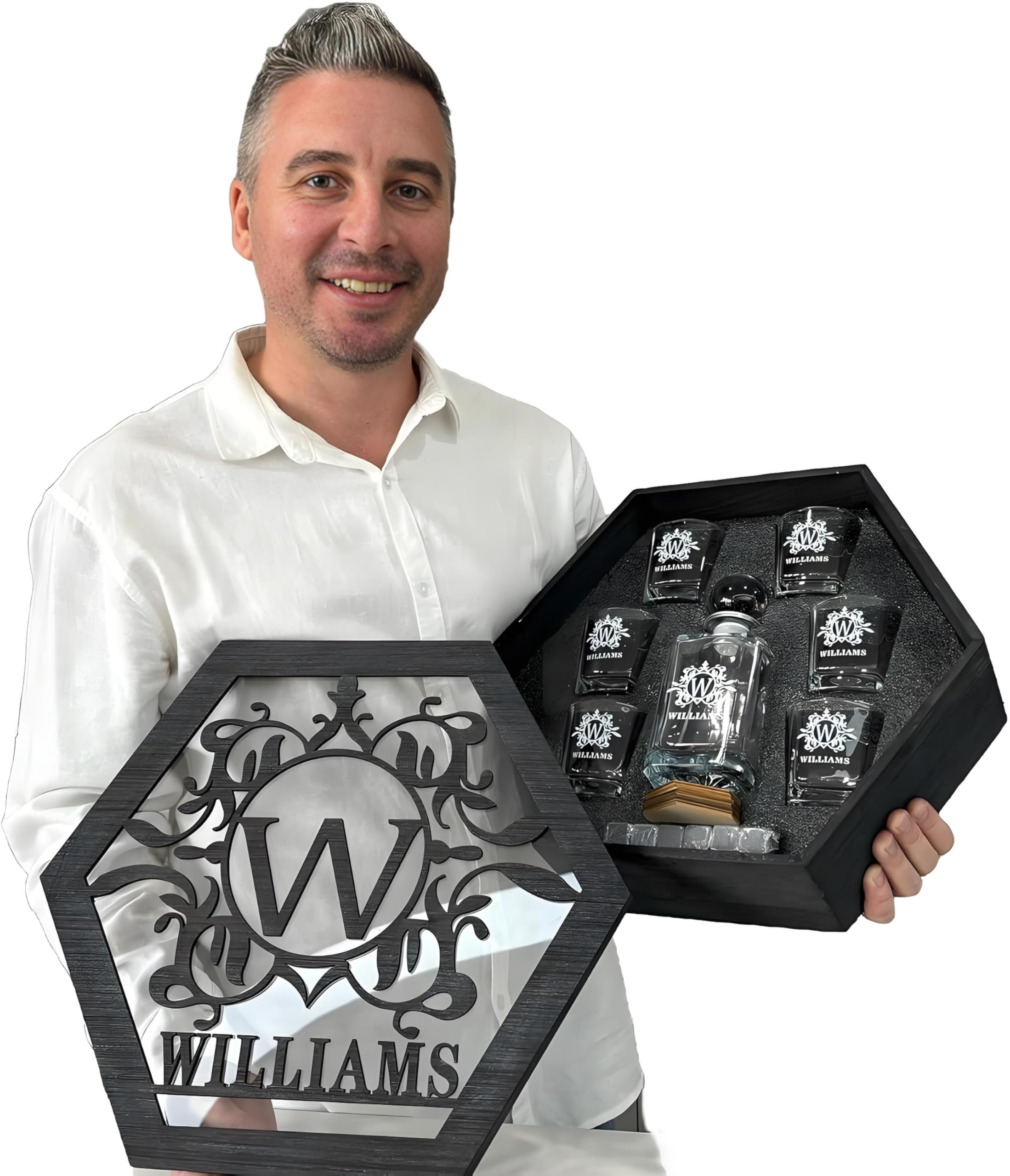 Personalized Whiskey Decanter Set for Men Dad, Custom Name &amp; Initial Decanter Set with Glasses, Wooden Gift Box, Personalized Liquor Decanter for Home Bar, Fathers Day Birthday Retirement Gifts