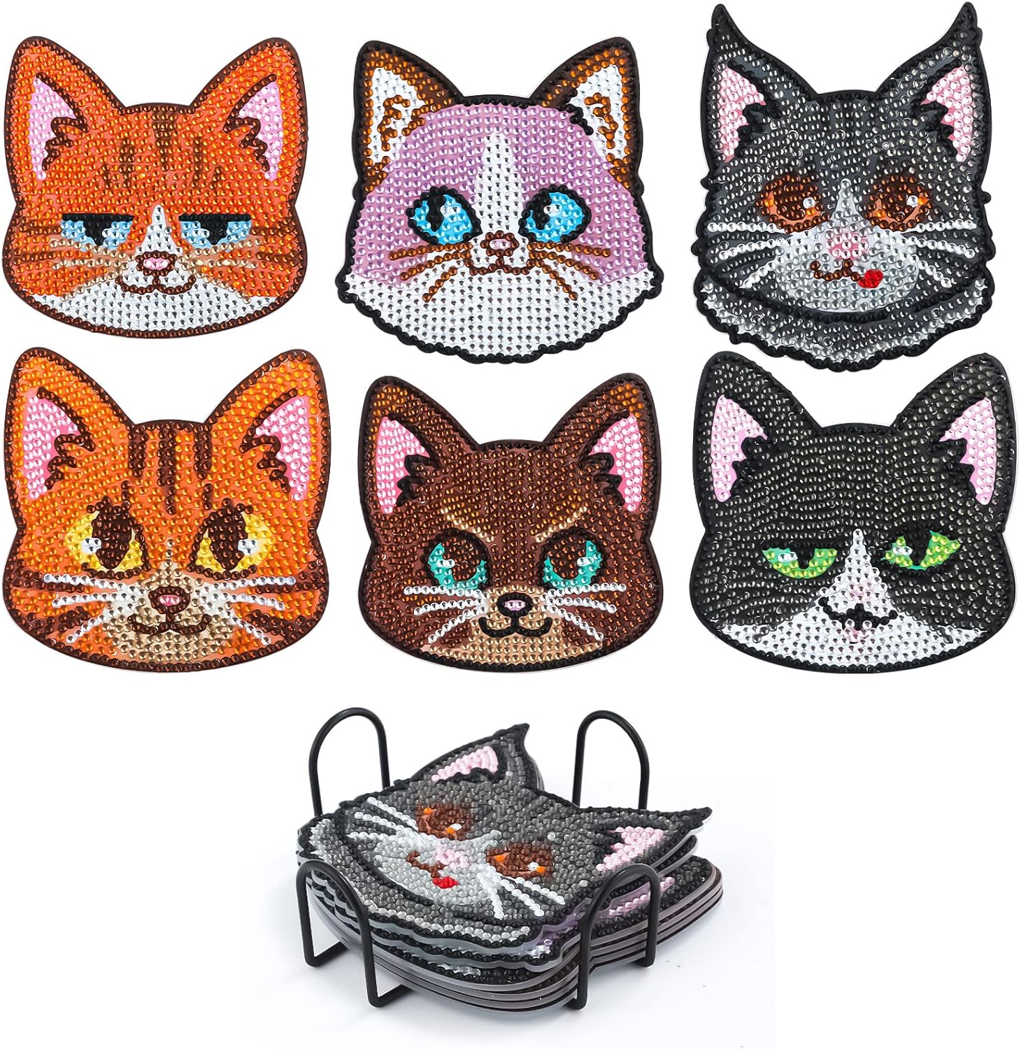 Cat Shaped Diamond Painting Coasters, 6pcs Cat Diamond