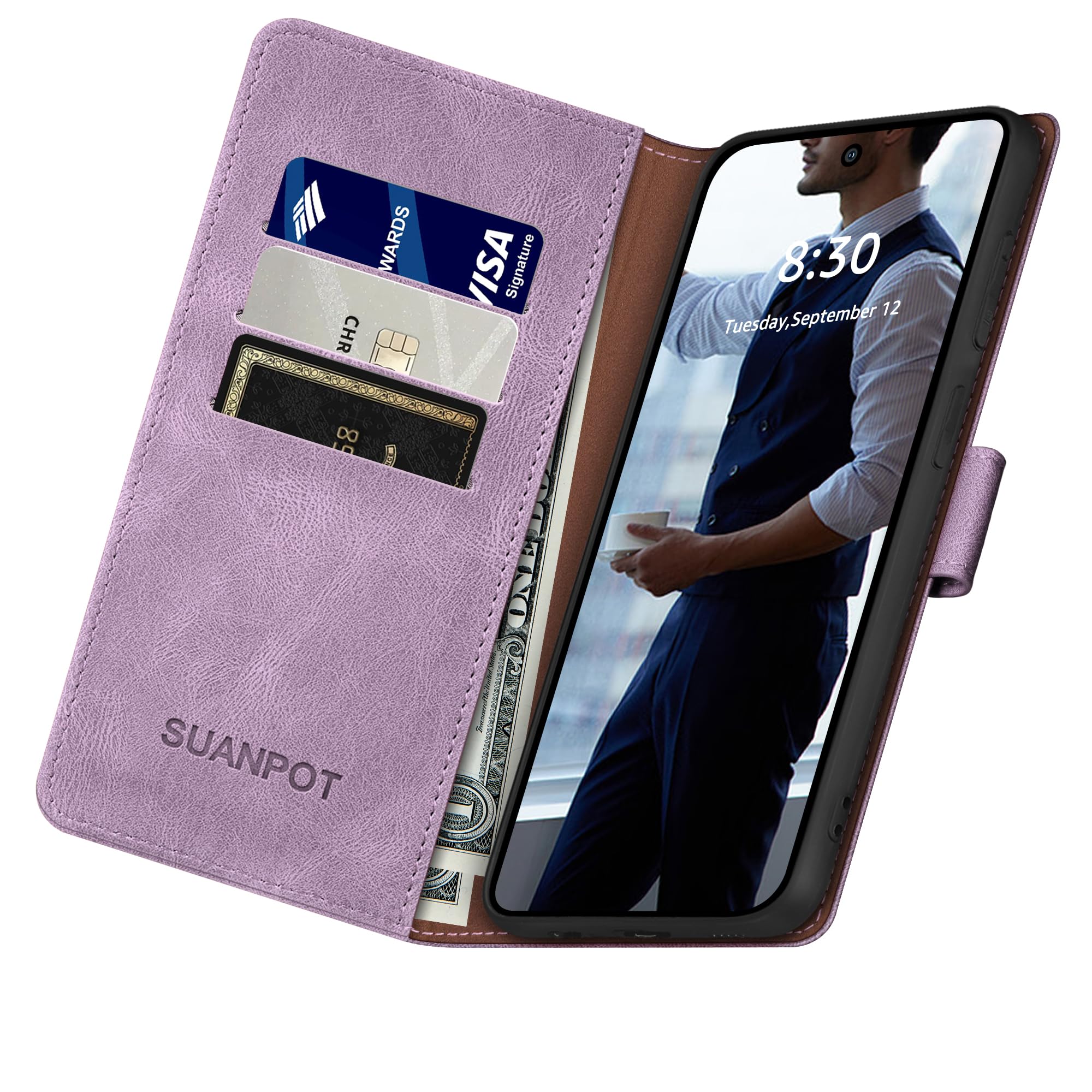 SUANPOT Funda para iPhone X/XS 5,8" con Tapa 【Bloqueo RFID】de Cuero PU Cierre Magnético，Soporte Plegable，Ranura para Tarjeta Cover Wallet Leather para Apple X/XS Phone Case Lila Violeta